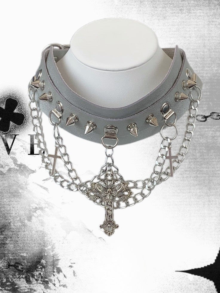 Black/White/Gray Choker Studs Charm Details Cross