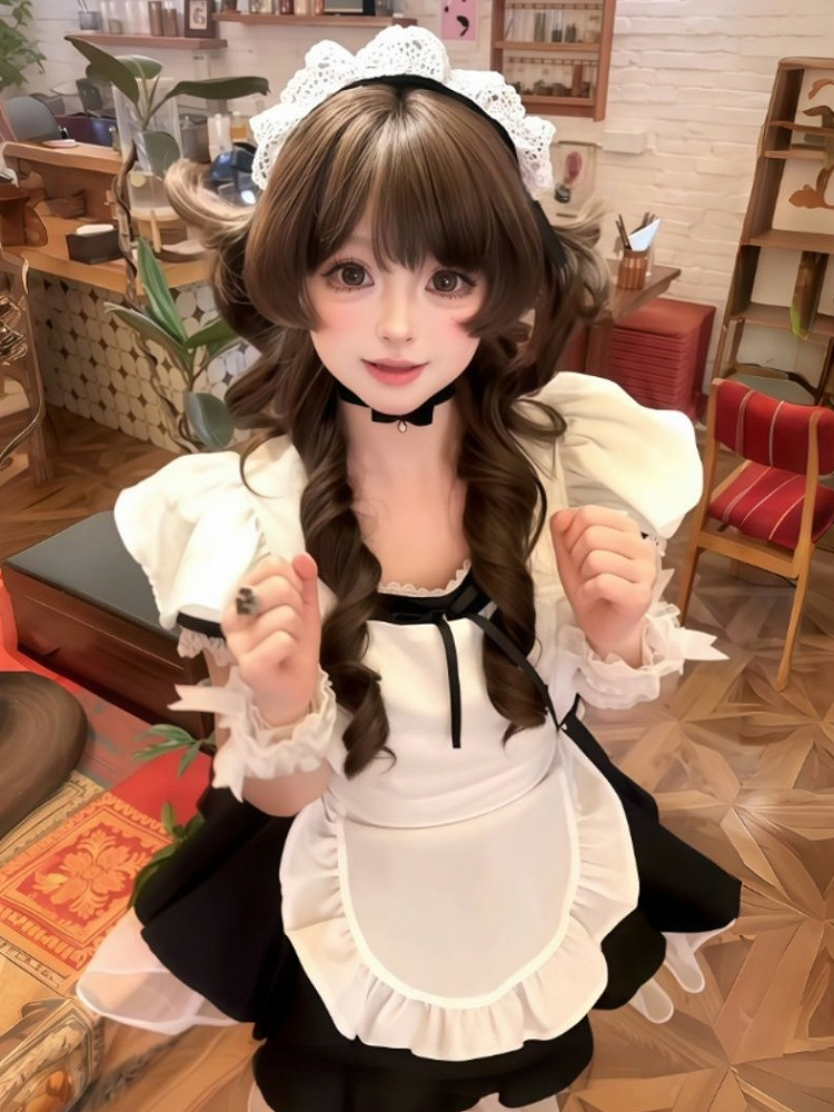 Curly Chocolate Hime 60CM Cut Bangs Full Brown with Wig