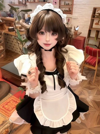 Curly Chocolate Hime 60CM Cut Bangs Full Brown with Wig