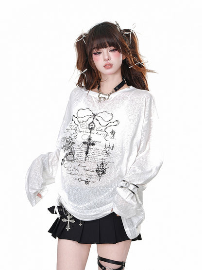 Schwarz/weißes, halbtransparentes, lockeres Sweatshirt mit Kreuzdruck und Kordelzug in der Taille