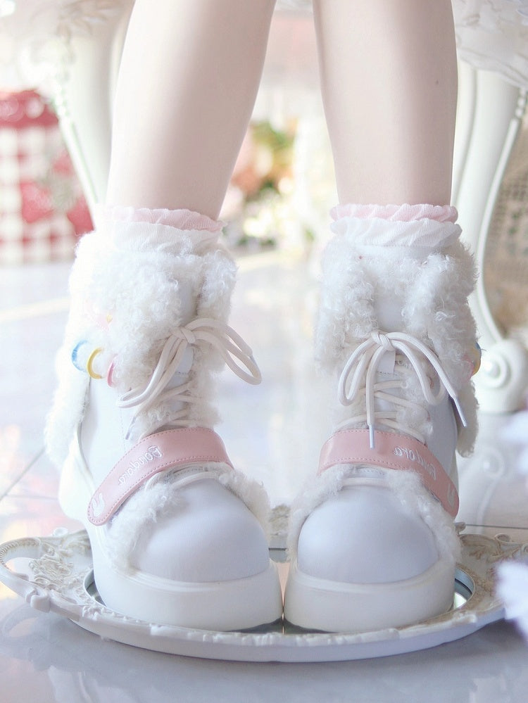 Platform Winter with Accents Fastening Hybrid Plush White Ear Bunny Boots - Themed Sole