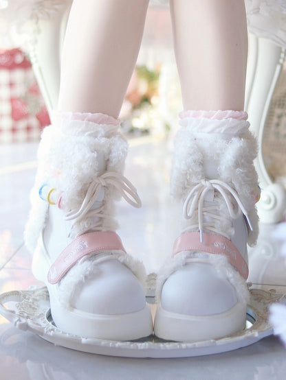Platform Winter with Accents Fastening Hybrid Plush White Ear Bunny Boots - Themed Sole