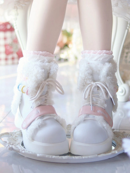 Platform Winter with Accents Fastening Hybrid Plush White Ear Bunny Boots - Themed Sole