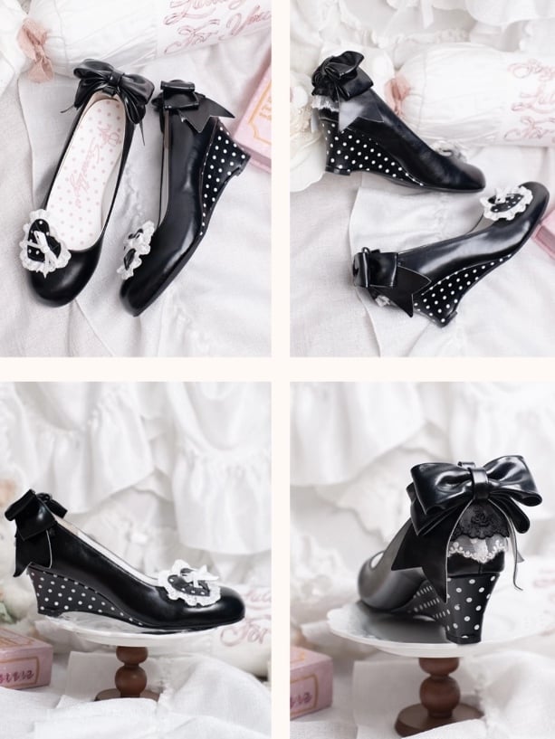 - Polka-dot Heels Heel Sweet Lolita Pattern Wedge Black