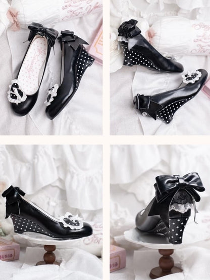 - Polka-dot Heels Heel Sweet Lolita Pattern Wedge Black