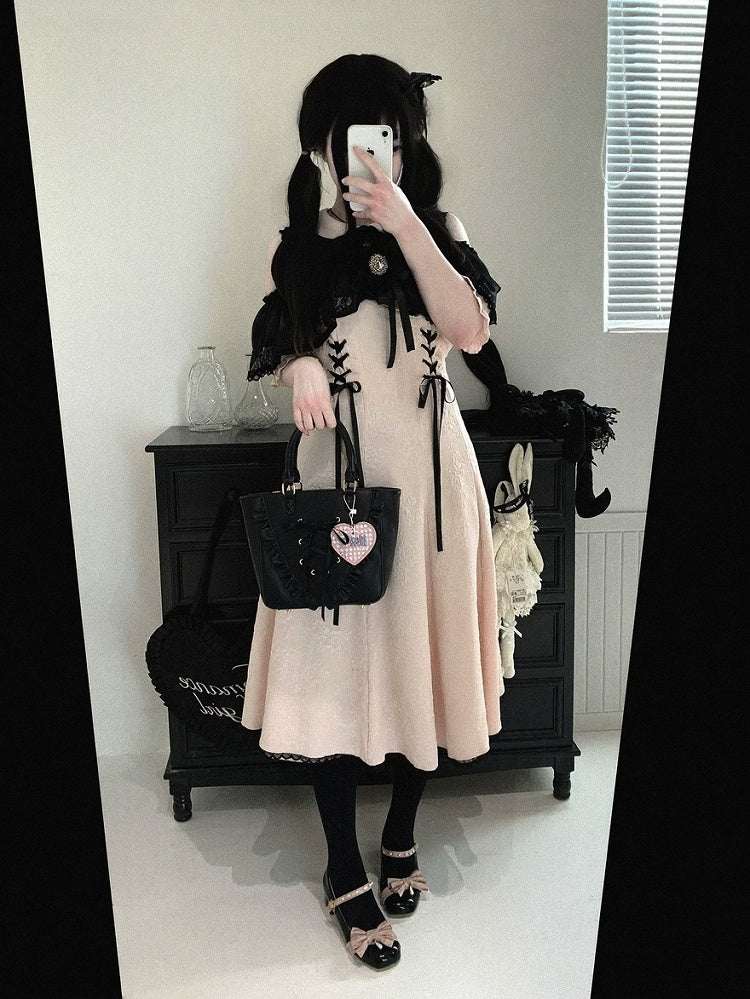 Off-Shoulder Jacquard Dress with Bow Accents, Peter Pan Collar, 4 Colorways - Kitty Bxllet