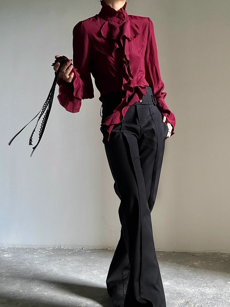 Poet Accents Lolita Vintage Sleeves Unisex Cascading Ouji with Ruffle Shirt Red