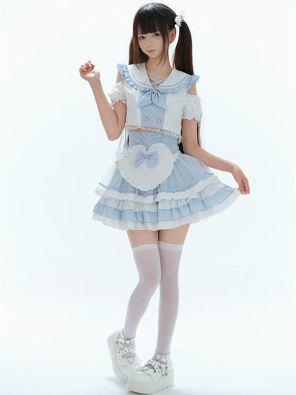 Azure Sailor Collar Blouse with Ruffled Cutout Sleeves - Puppet Bombs