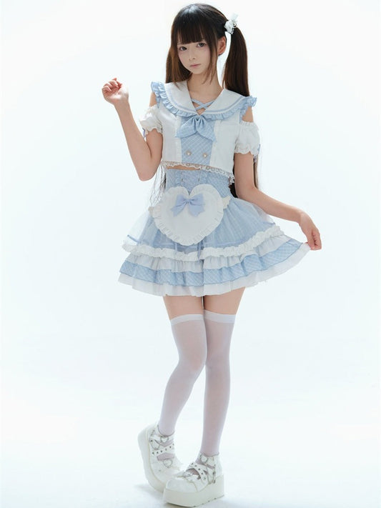 Sky Blue Tiered Ruffle Skirt with Heart Apron - Puppet Bombs