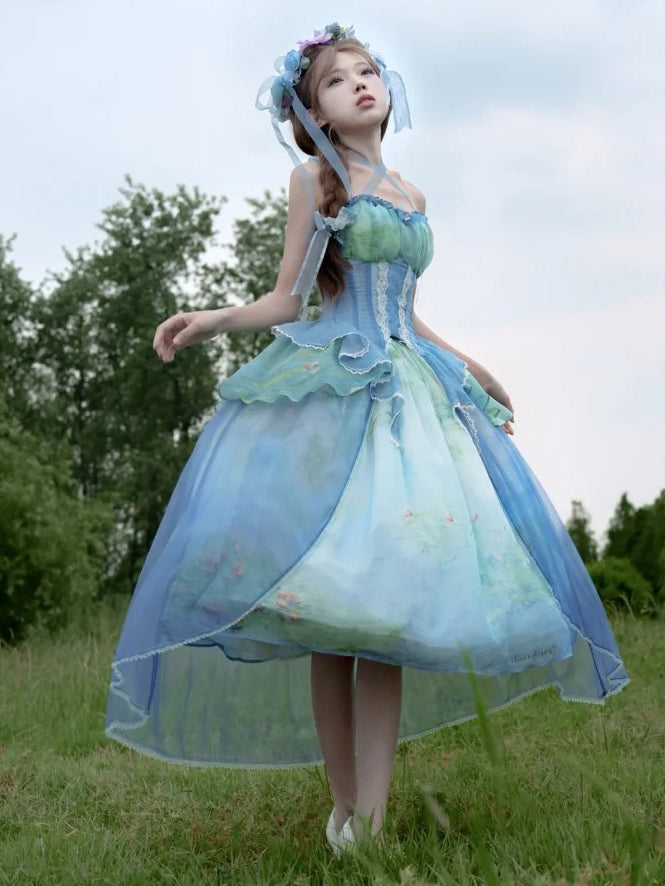 Gestufter Volant-Saum, Neckholder, Korsett-Top mit Stäbchen, Druck, Himmel, Malerei, Fee, Öl, Blau