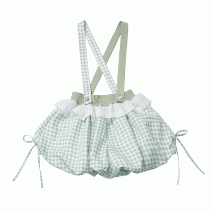 Bubble Shorts Green Plaid Overalls Detachable Straps Shoulder