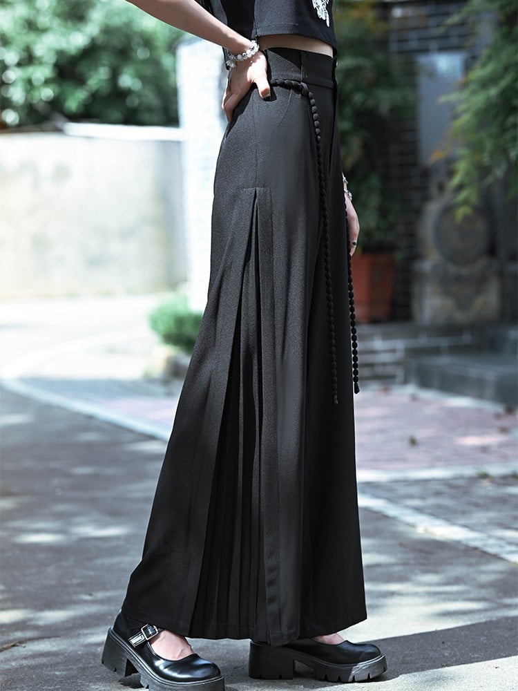 Black Version Wide-Leg Regular/Short Panel Pants Side with Cheongsam Cord Waist Pleated