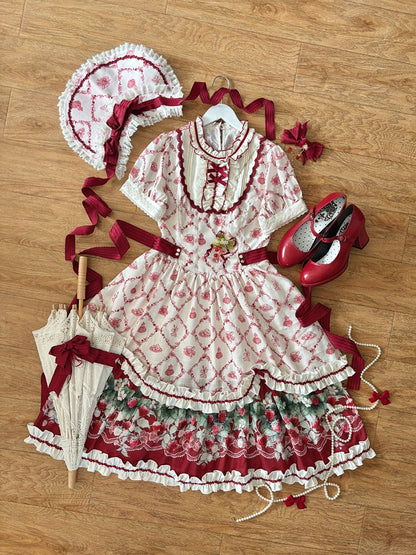 Sweet Lolita Strawberry Floral Printed OP Gown with Lace and Ribbon Accents - Currant