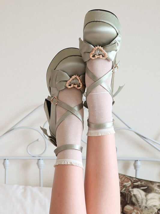 Ornate and Lolita with Heel High Platforms Block Strap Jane Mary Shoes Heart Bow Crisscross Green - Details