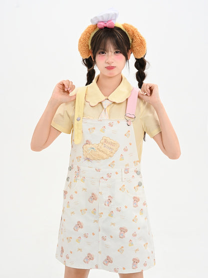 Bären-Stickerei-Applikation, weißer Plüsch-Keks mit Allover-Print, Overall-Rock