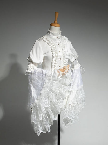 Aristocrat Ärmel Glocke Rüschen Patched Spitze Hals Weiß Ouji Fashion Shirt Lolita