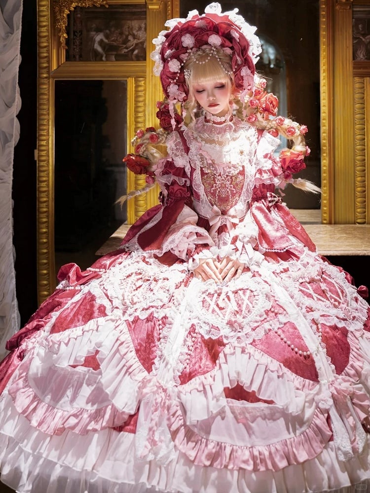 Rose Pink Hanayome Lolita Gown - Rosette Embroidery & Bead Chain Details