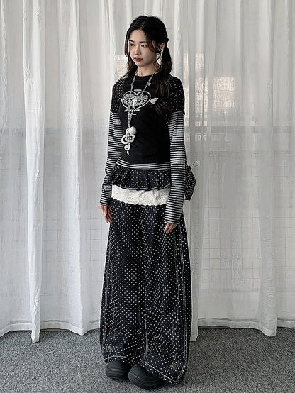 Button Dot Lace-trimmed Polka with Accessory Detachable Accents Black Wide-leg Jeans