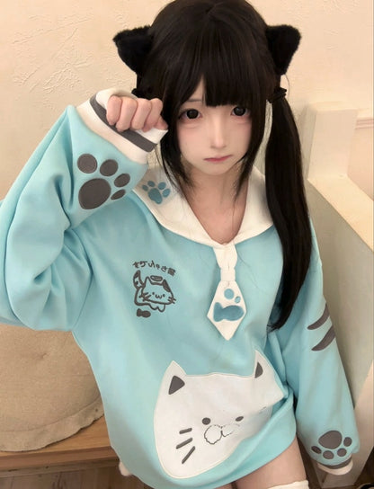 Adorable Collar Sailor Theme Embroidery Cat Cat-Ear Mint Sweatshirt with Blue