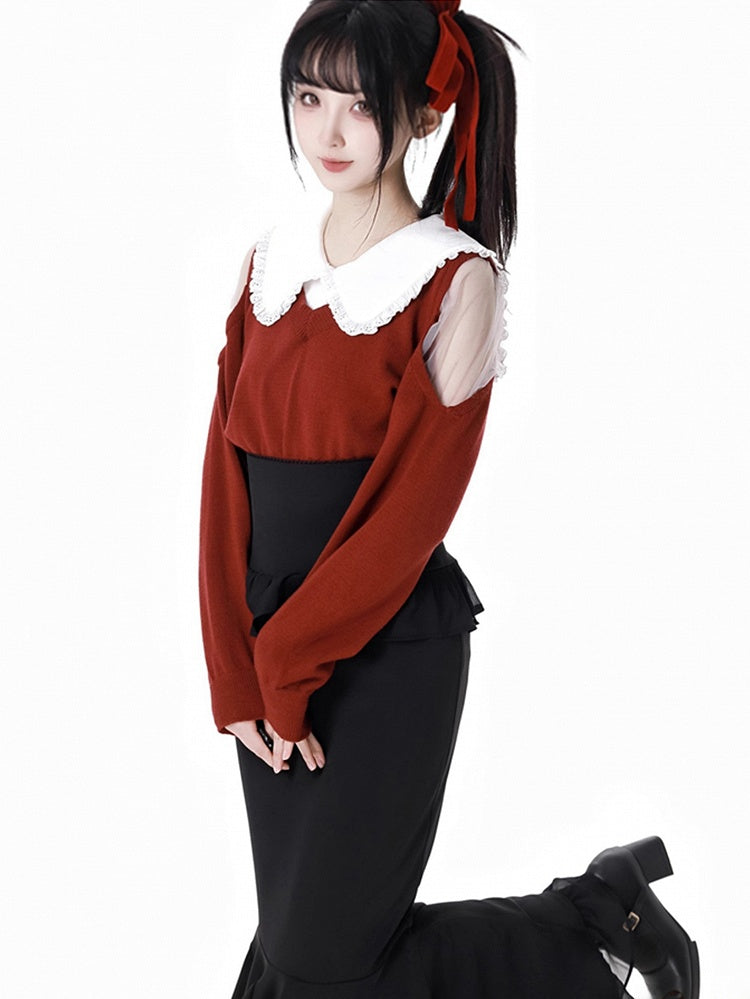 Wine Red/Grey Peter Pan Collar Sweater