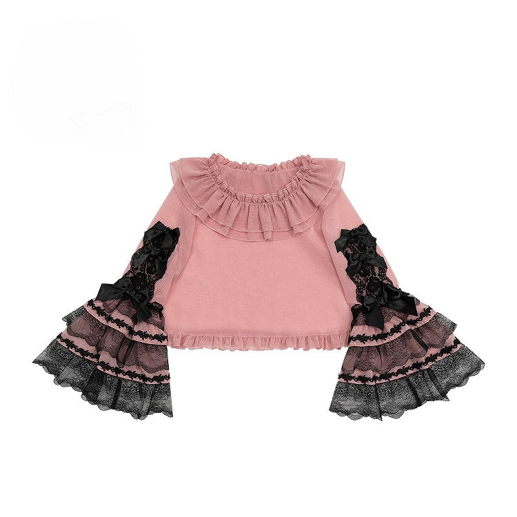 Accents Lolita Bow Blouse Pink Sleeves Black with Lace and Bell