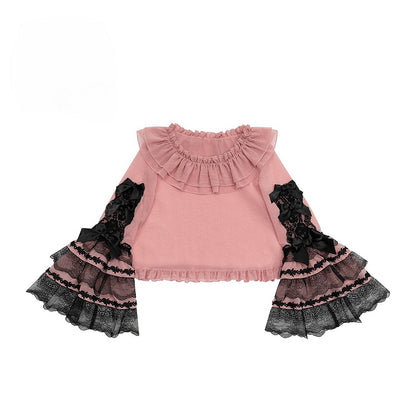 Accents Lolita Bow Blouse Pink Sleeves Black with Lace and Bell