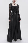 Black Lace Pointed Long Sleeves Back Zipper Satin Floor-Length Gothic Gown