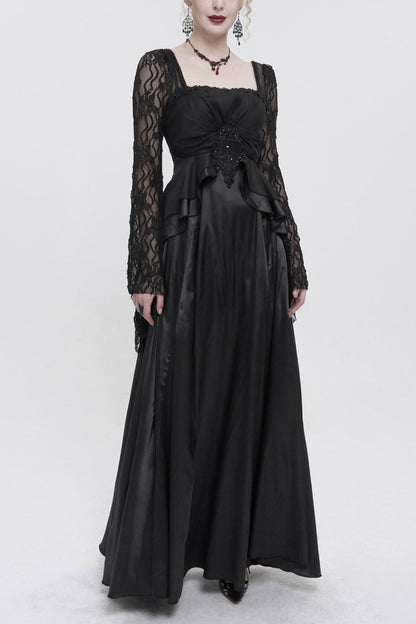 Black Lace Pointed Long Sleeves Back Zipper Satin Floor-Length Gothic Gown