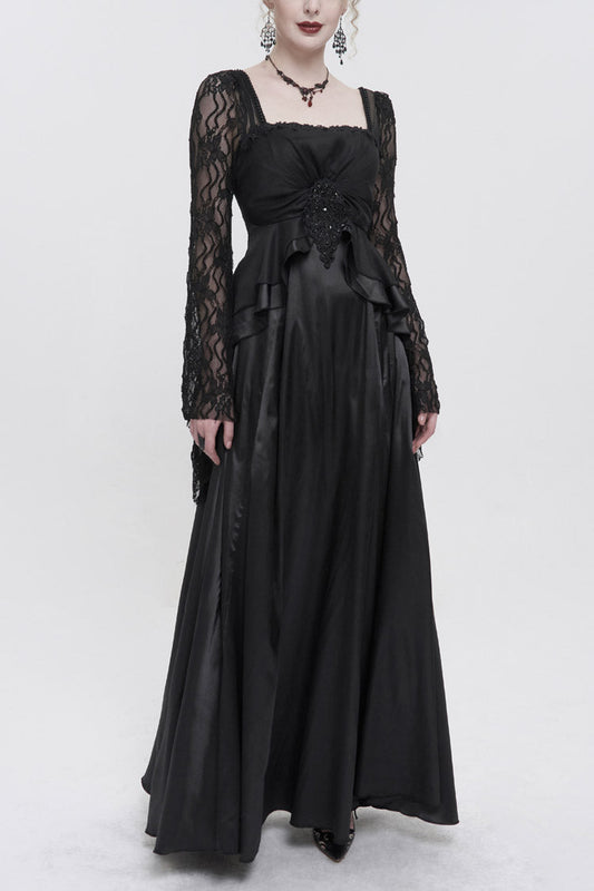 Black Lace Pointed Long Sleeves Back Zipper Satin Floor-Length Gothic Gown