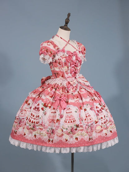 Dress Set Sweet Accents Print Full Bow Lolita Strawberry / Cake Pink