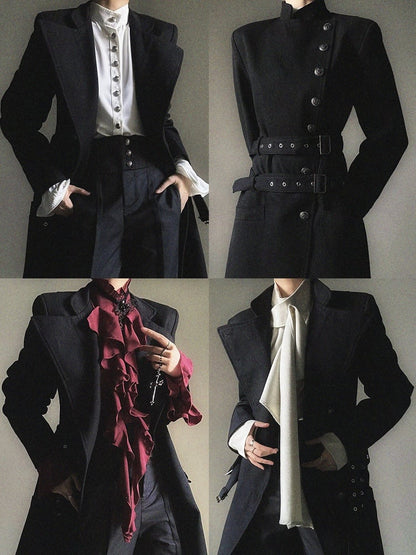 Wear Collar Ouji with Convertible Versatile - Black Open Trench or Coat Lolita Cinched