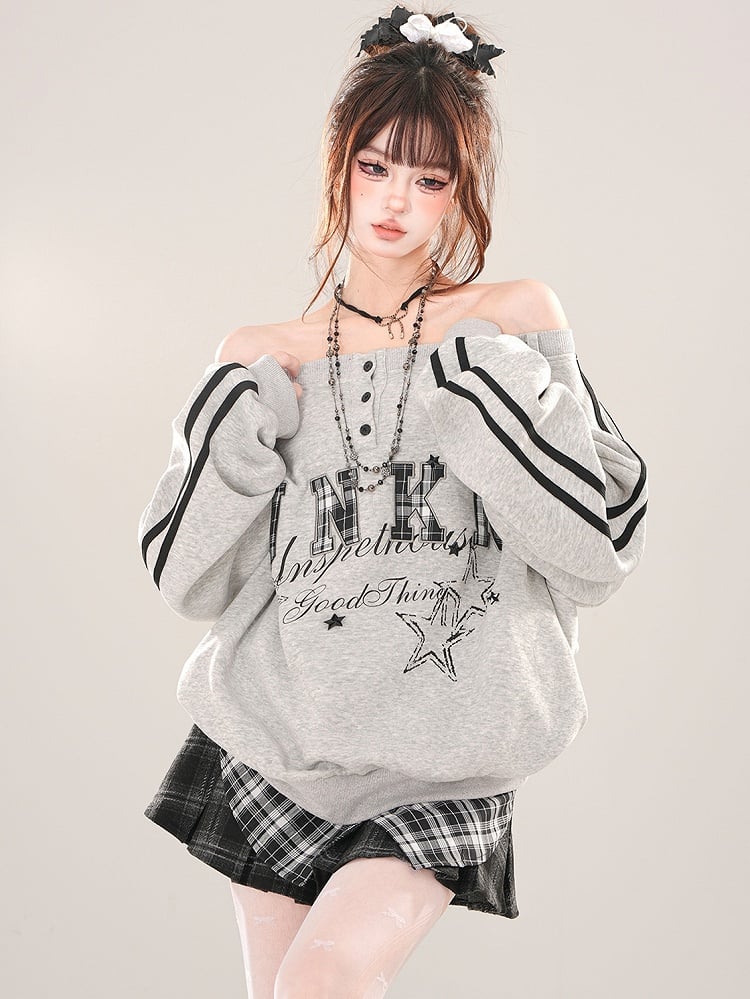 グレーレターパッチ刺繍オフショルダーネックラインスウェットシャツ