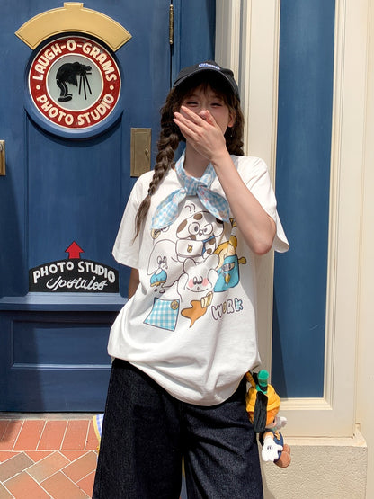 Cotton T-shirt Adorable Animal Print White Round Neck Loose