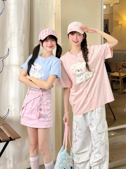 かわいいブルー/ピンクのぬいぐるみの子犬のアップリケTシャツ 夢