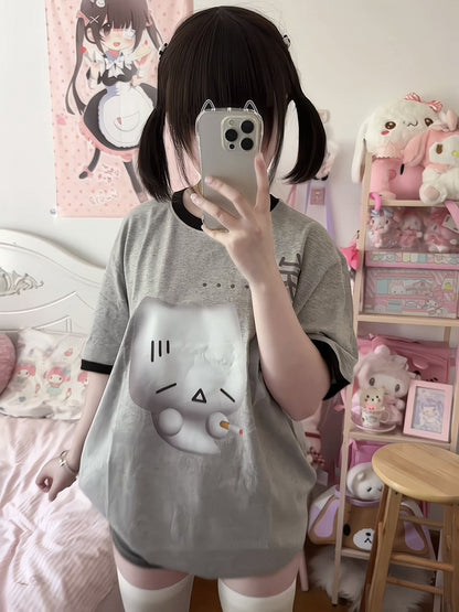 Gray Crewneck T-shirt Sighing with Print Cat Cotton