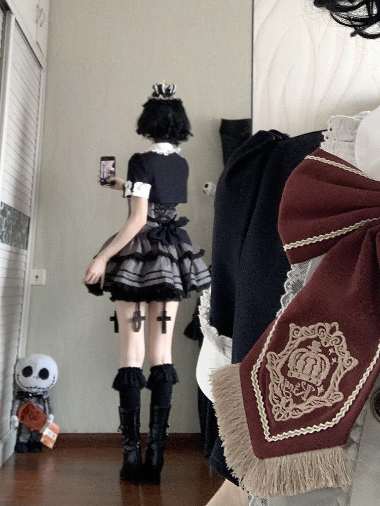 Monochrome Preppy Striped Two-Piece Gown with Crown Embroidery - Fairy Faith