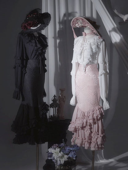 Skirt Fish-Tail Black Layered Ruffles Gothic Lolita with