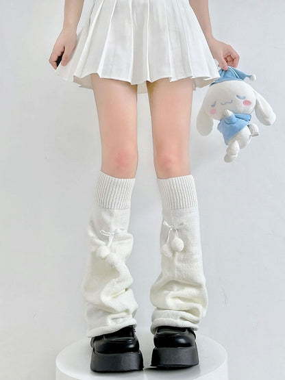 Sweet Lolita Knitted Pompom Bow Leg Warmers - Two Bear Pink
