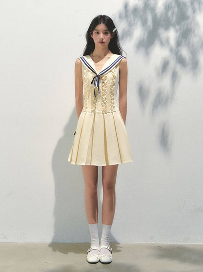 Sailor Yellow Kawaii Pleated with Collar Detachable Style Dress