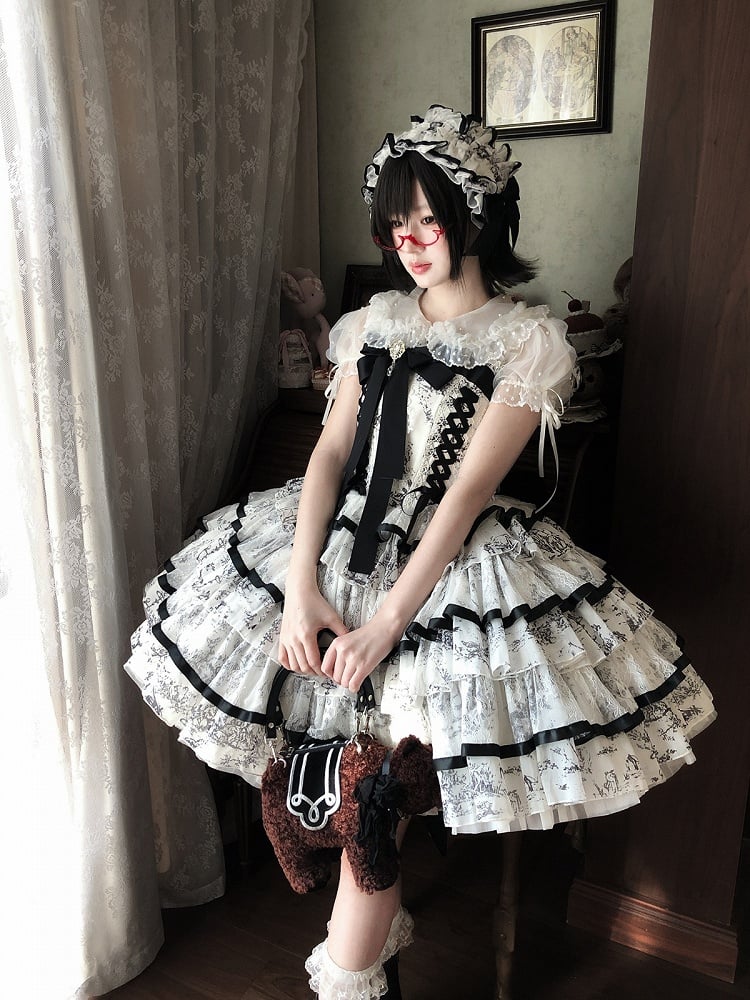 Elegant Hanayome-Style Black & White Porcelain-Inspired 92CM-Length Lolita Princess Dress - Sleepless Star