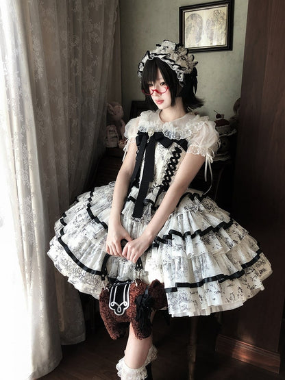 Elegant Hanayome-Style Black & White Porcelain-Inspired 92CM-Length Lolita Princess Dress - Sleepless Star