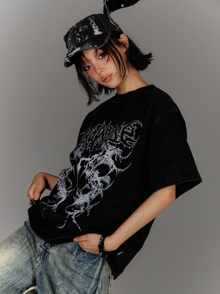 Vintage Distressed Baumwoll T-Shirt Schwarz/Weiß Wash Punk Print Verblasst