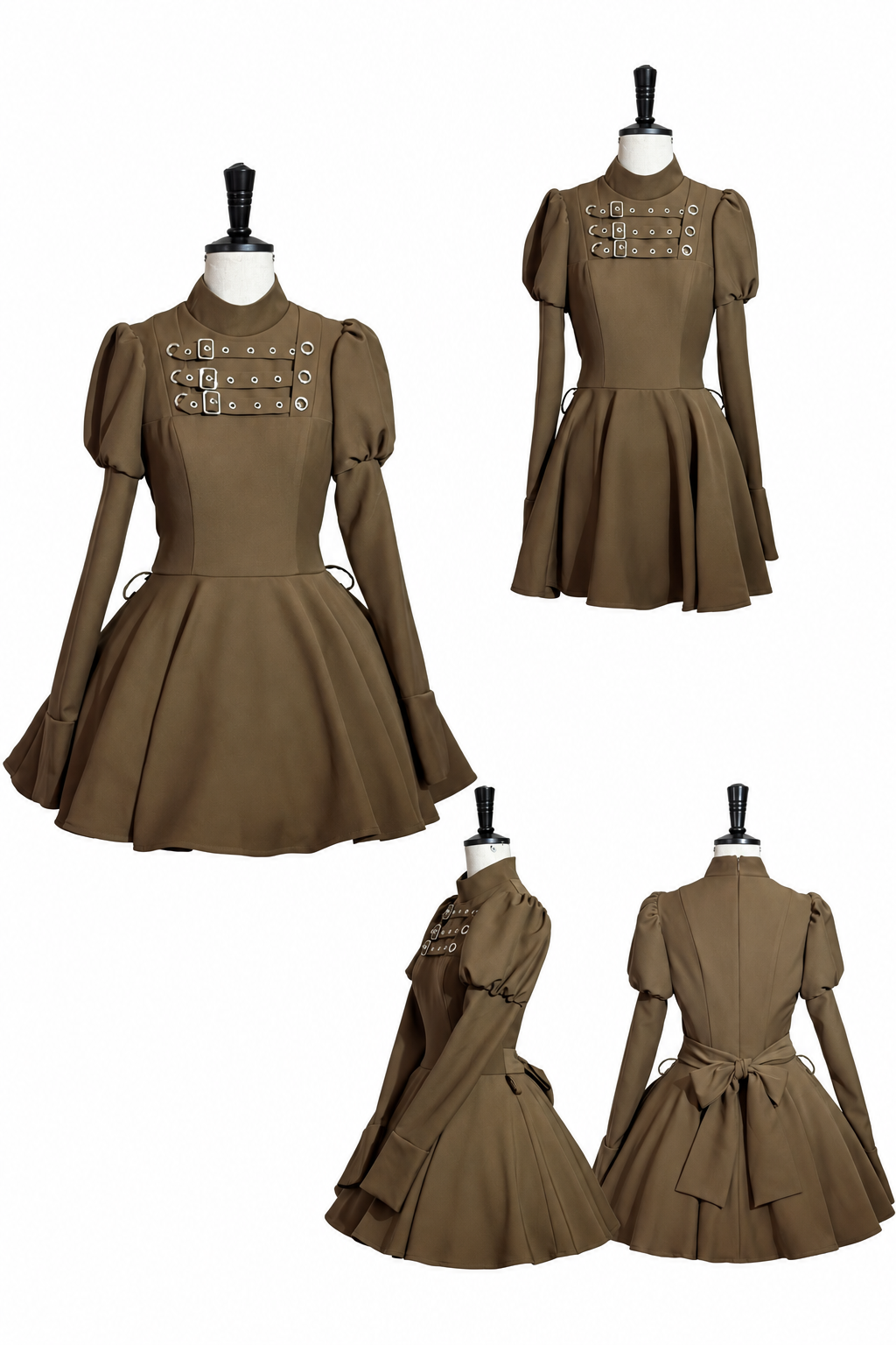 Steampunk Brown x Gothic Black Mode Buckle High Collar Puff Sleeve Doll Dress