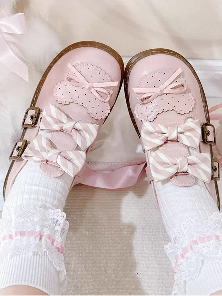 Pattern Bowknot Flats Bear Details Lolita Design Striped Pink