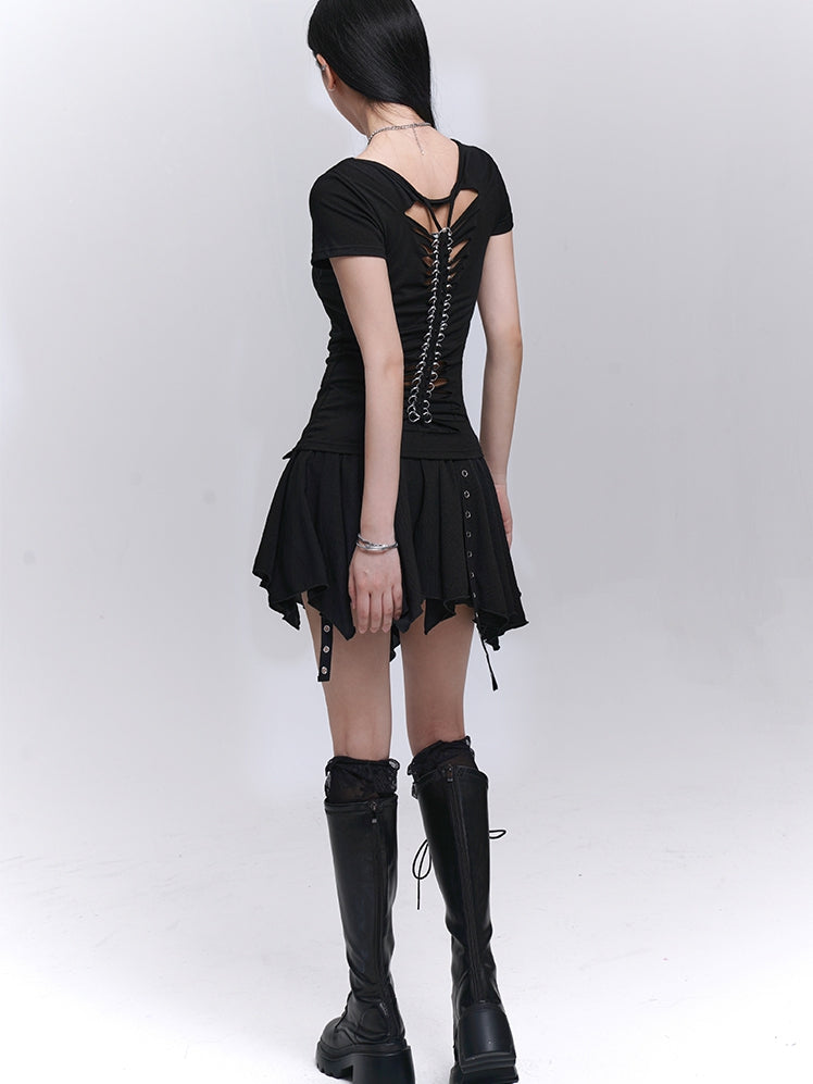 Asymmetrical Hem Tiered Skirt with Black Serpentine Belt