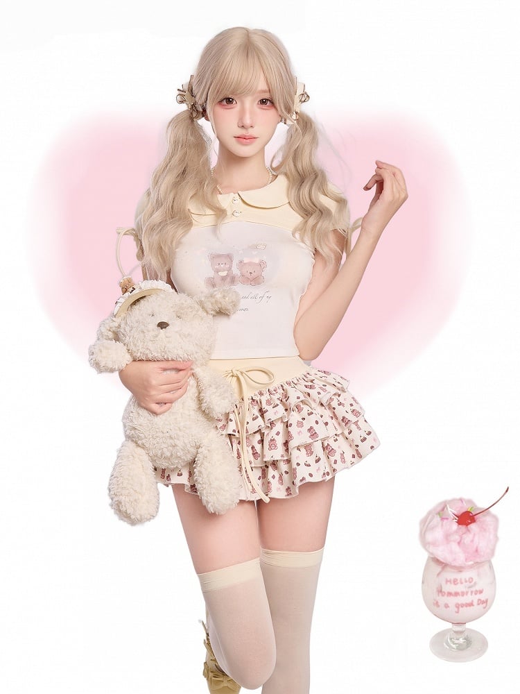 Beige Bear Print Peter Pan Puff Top - serendipity
