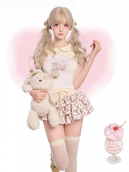 Beige Bear Print Peter Pan Puff Top - serendipity