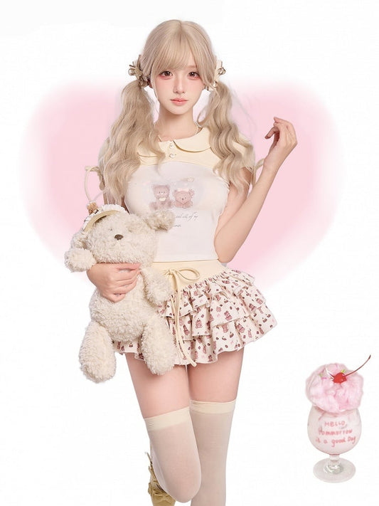 Beige Bear Print Peter Pan Puff Top - serendipity