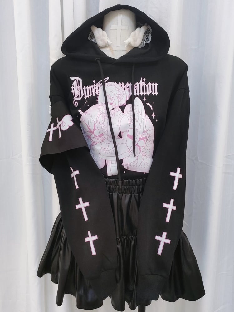 ブラックホワイトクロス柄グラフィックパーカー