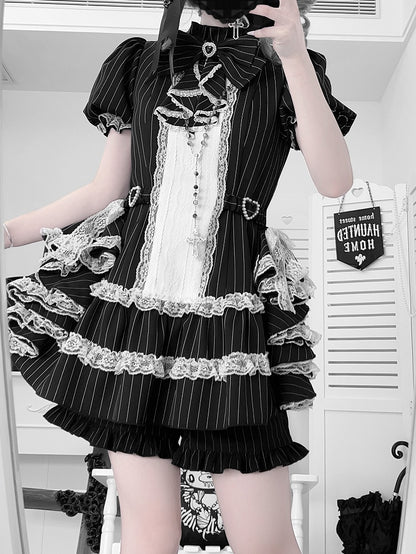 Puffy Jirai Set: Side Striped Design Train Gothic Elegant Dress Black with Sleeve Kei Draped